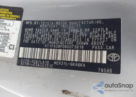 2006 Toyota Camry Solara Sle из США, поврежденный, VIN 4T1FA38P06U073618